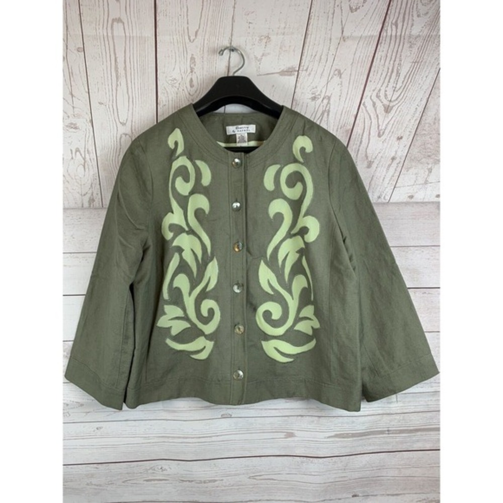 Savvy by Rafael Olive Green Linen Blend Applique Jacket XL 3/4 Sleeve Button Up